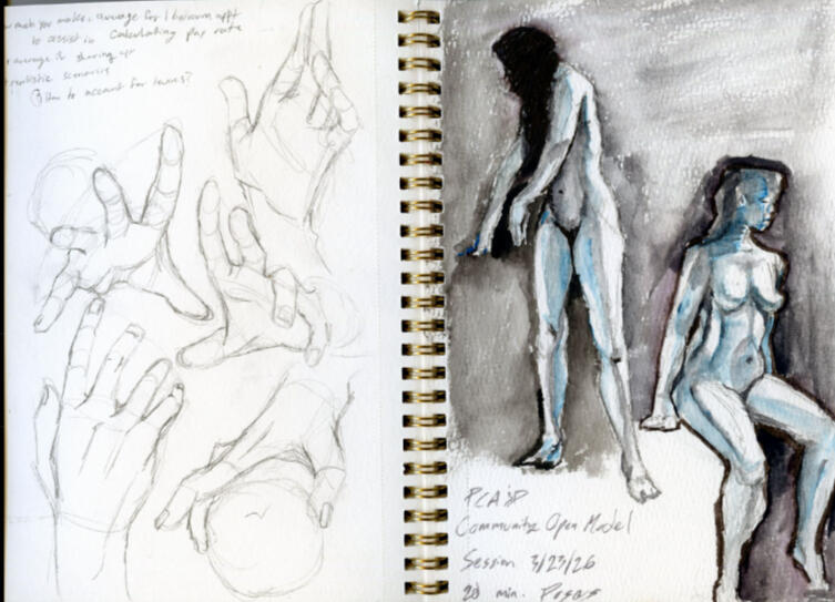 "Studies", 8.5x5" sketchbook, Graphite Watercolor and Ink, March 2026