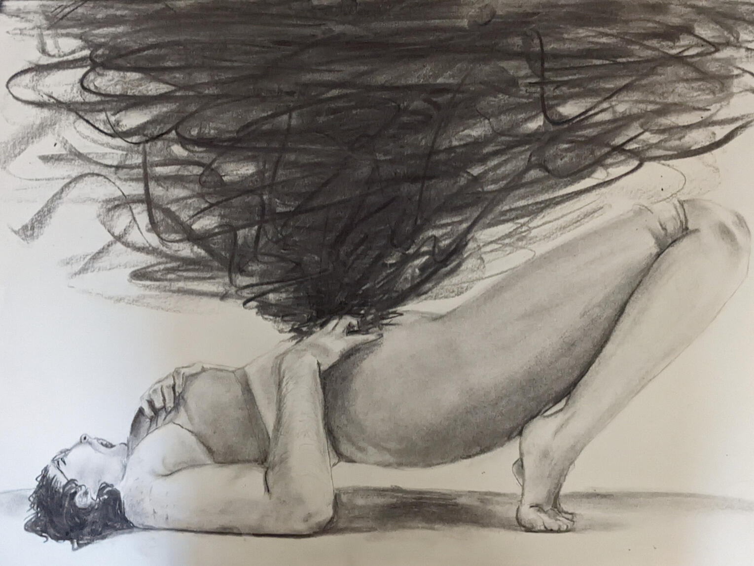 "Stasis", soft vine charcoal and graphite on newsprint, 24x18", December 2022