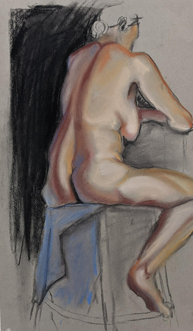 "Backlight", soft vine charcoal and conte pastels on toned paper, April 2023