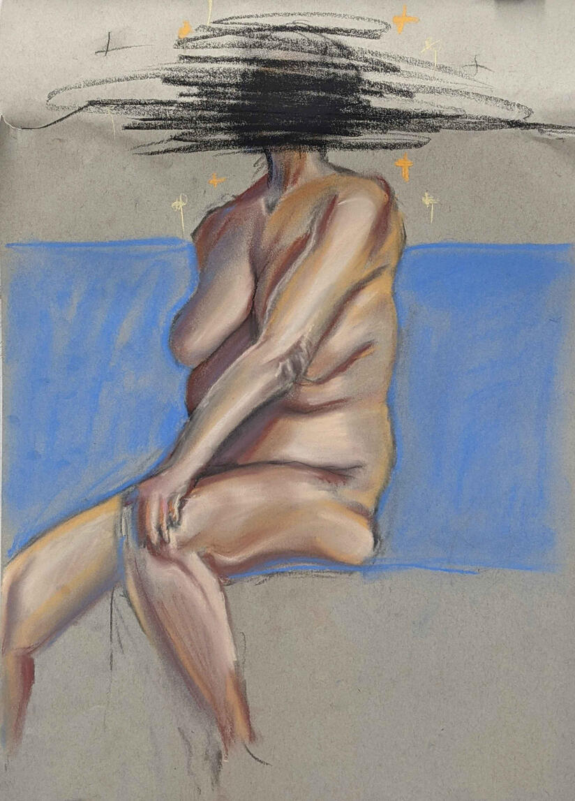 "Hygrandrea", soft vine charcoal and conte pastels on toned paper, April 2023